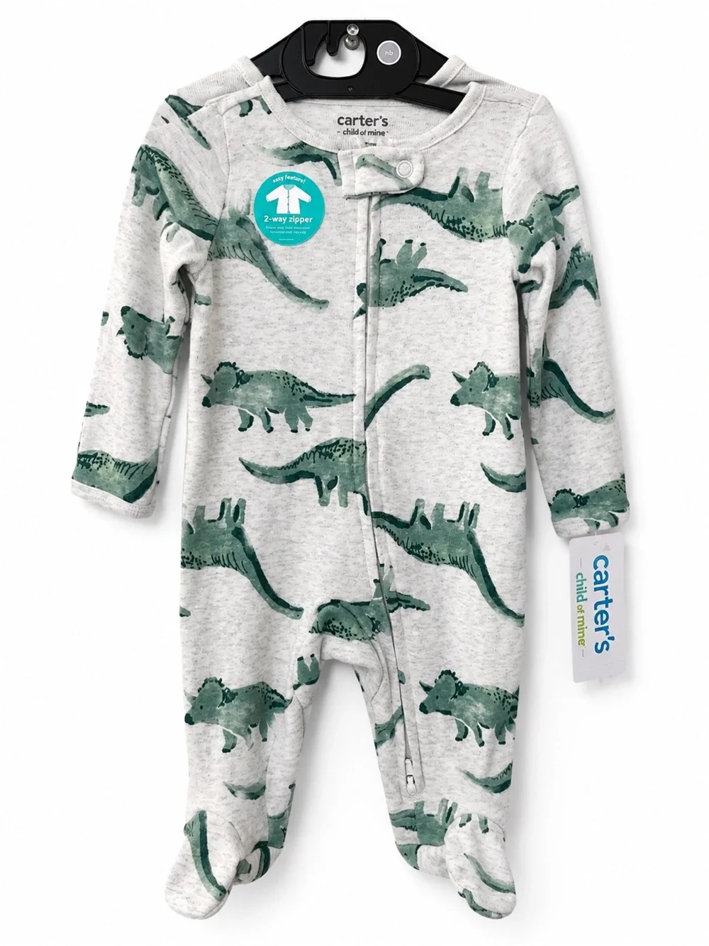 Set of 2 Carter's Gray Footed One-Piece with Green Dinosaur Print